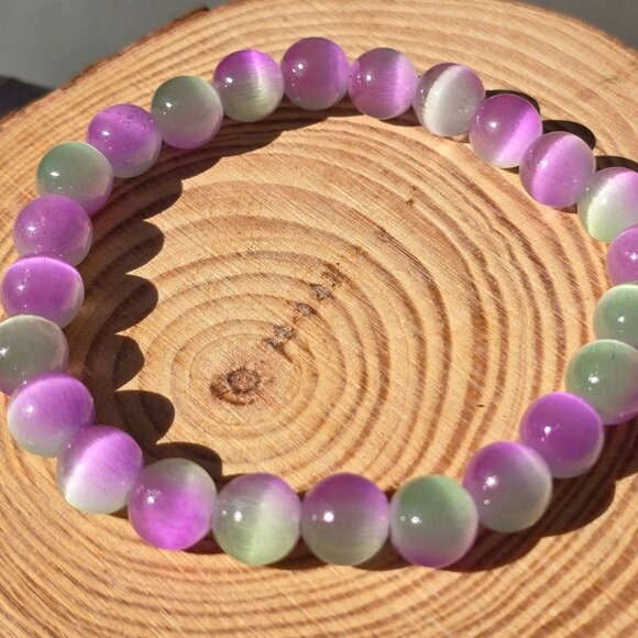 Cat’s Eye Gemstone Bracelet – Handmade w/ Purple & Green Beads for Focus & Luck - Picture 14 of 15